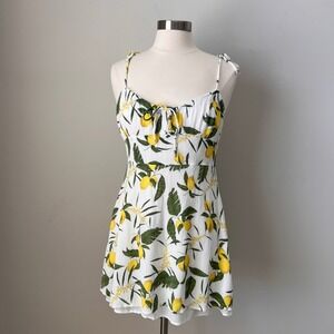 Pull&Bear Lemon Print Sweetheart Mini Dress White Yellow Green XL 9390/316/250
